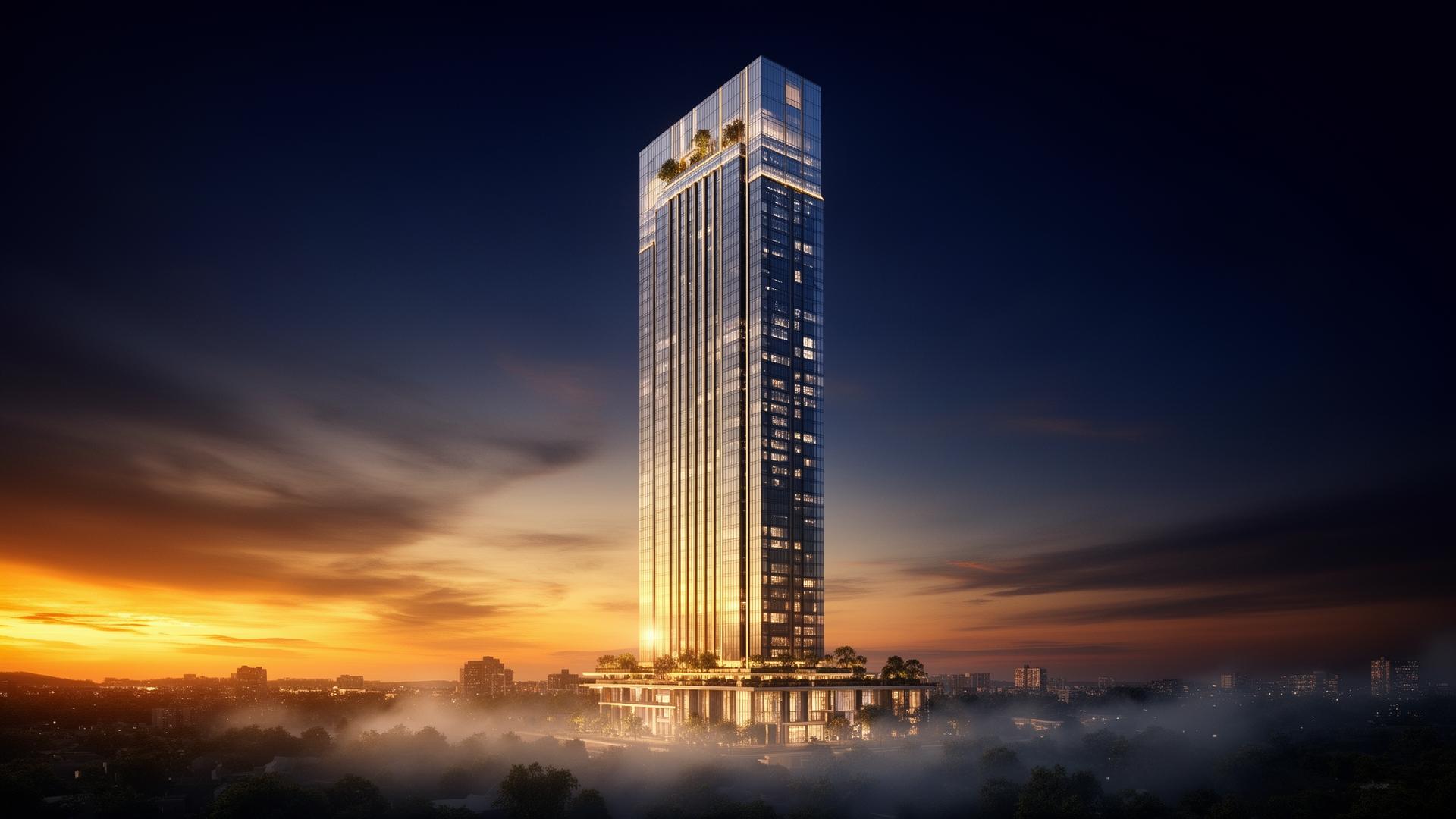 TRUEHN TOWER illuminated at twilight